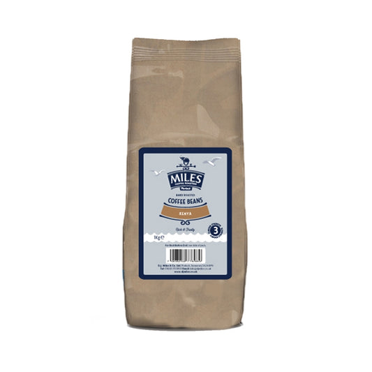 A packaged bag of Miles Kenya coffee beans weighing 1kg.