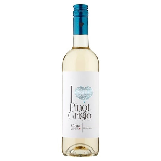 A bottle of Pinot Grigio wine with a white label and blue accents, including a blue cap and text that reads 'I heart Pinot Grigio'.