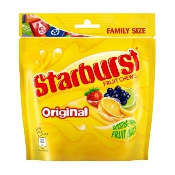 A family-size bag of Starburst Original fruit chews, with the brand logo and images of fruits such as strawberries and blueberries on the packaging.