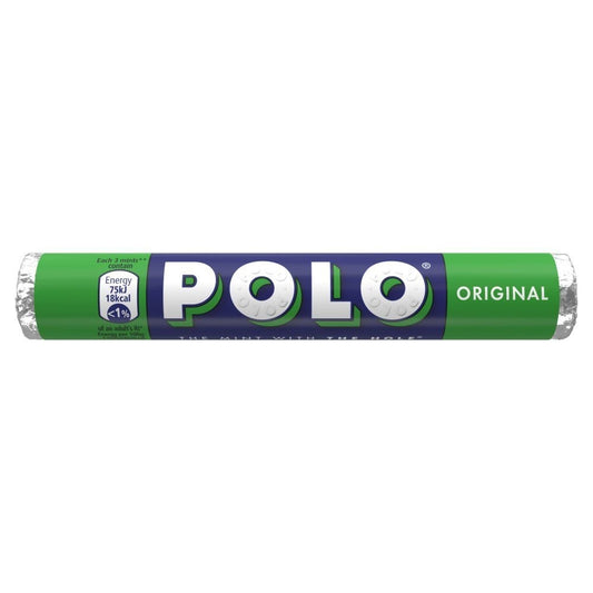 A roll of Polo original mints packaging with green and white colors.