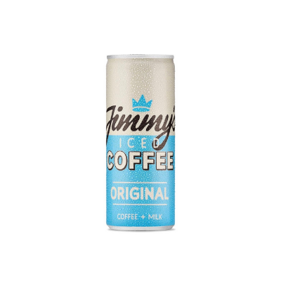 A can of Jimmy's Original Iced Coffee, showing the brand logo and the text 'ICED COFFEE' with a background color of blue.