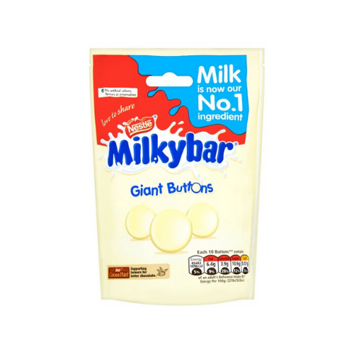 A pouch of Milkybar Giant Buttons milk chocolate.