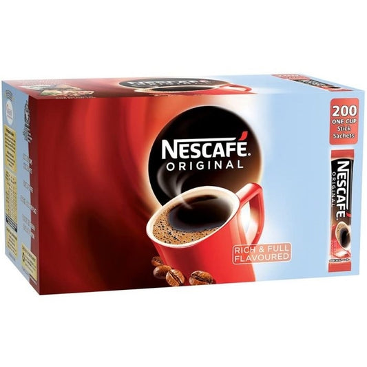 A box of NESCAFE Original coffee sticks with a graphic of a red coffee cup and beans. The box indicates a quantity of 200 sticks.