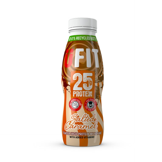 A bottle of UFIT PROTEIN SHAKESALTED CARAMEL flavor, 330ml size, with branding and nutritional information on the label.