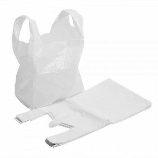 A white, solid-colored carrier bag laid flat, displaying its full shape and size.