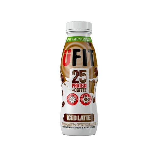 A bottle of UFIT PROTEIN SHAKE ICED LATTE with the text '25 Protein Coffee' and 'ICED LATTE' prominently displayed on the label.