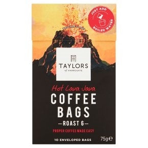Packaging of Taylors Hot Lava Java Coffee Bags, featuring a volcano illustration and text indicating 10 enveolved bags, roast 6, and 75g weight.