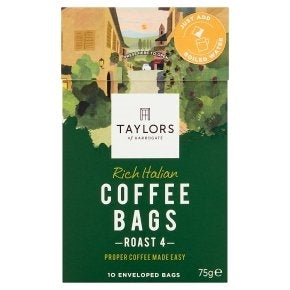 Packaging of Taylors Rich Italian Coffee Bags, showing the brand logo, product name, and an illustration of a coffee plantation.