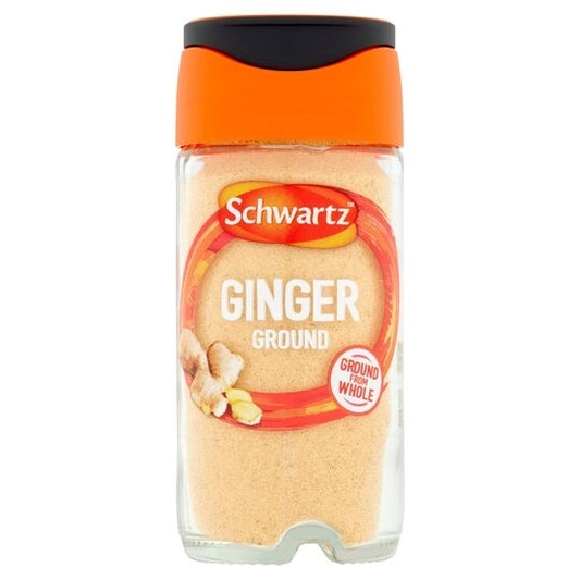A clear plastic container of Schwartz Ground Ginger with an orange lid.