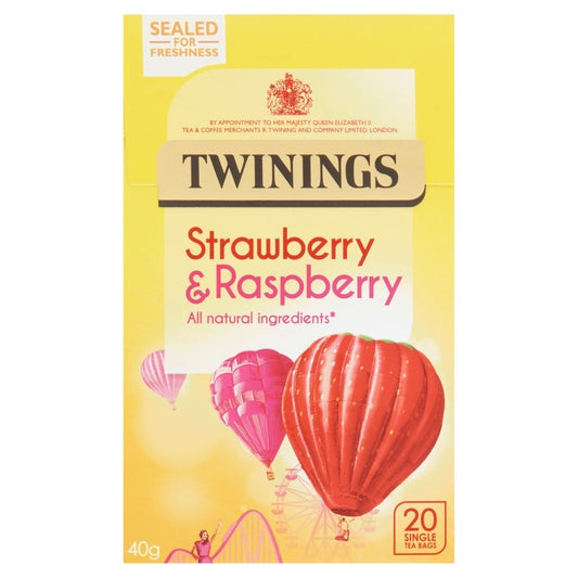 Packaging of Twinings Strawberry & Raspberry tea bags, featuring hot air balloons on the front.