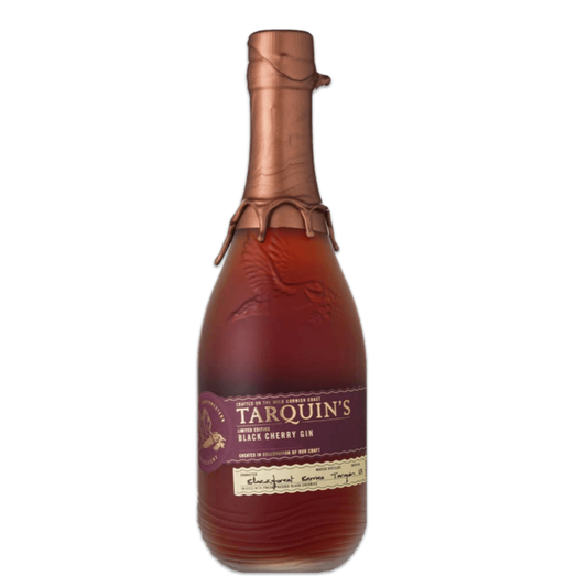 A bottle of TARQUINS BLACK CHERRY GIN with a clear liquid visible through the transparent glass. The label shows the brand name and the flavor 'Black Cherry'.