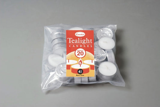 A pack of white tealight candles in clear plastic packaging with a red label that reads 'Tealight Candles' and indicates a quantity of 20.
