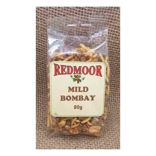 Packaging of Redmoor Mild Bombay Mix, showing the product name and weight (80g) on a burlap background.