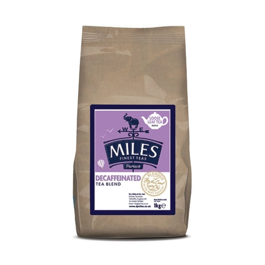 A packaged product labeled 'Miles' with a purple and white brand identity, indicating it is a decaffeinated tea blend.