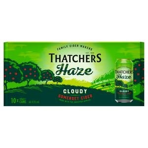Packaging for Thatchers Haze cloudy Somerset cider featuring an illustration of an apple orchard and cider barrels.