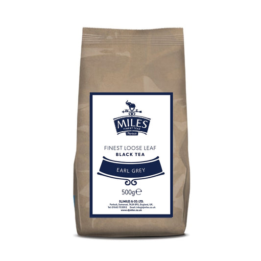A package of Miles Earl Grey loose leaf black tea, 500g.
