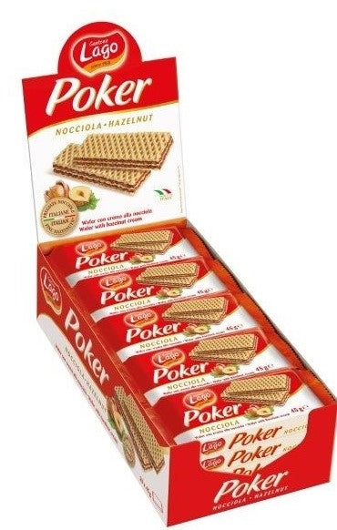 A pack of LAGO POKER hazelnut wafers, with a red and white color scheme and an image of the wafers on the front.