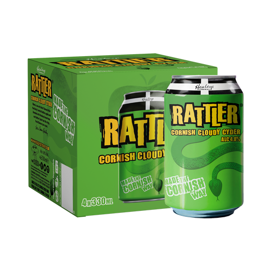 A pack of four 330ml Rattler cider cans with a green and yellow design, and a logo that reads 'RATTLER CORNISH CLOUDY'.