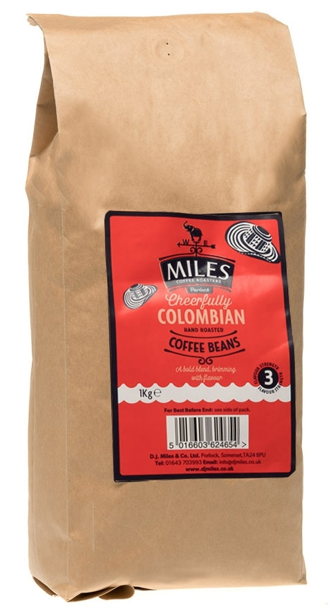 A package of MILES brand Colombian coffee beans. The package is brown with red and black text, and the coffee beans are visible through a clear window.