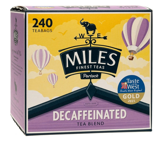 A box of Miles decaffeinated tea bags with a yellow and purple design, indicating 240 tea bags and the taste of gold award won in 2021.