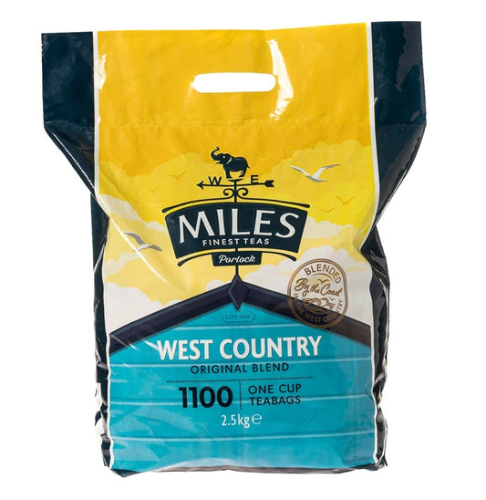 A pack of Miles West Country Original Blend tea bags, with a yellow and blue design, indicating a weight of 2.5 kg (1100 tea bags).