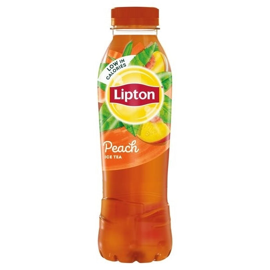 A plastic bottle of Lipton Iced Tea with Peach flavor. The bottle is orange-colored, featuring images of peaches and the Lipton logo.