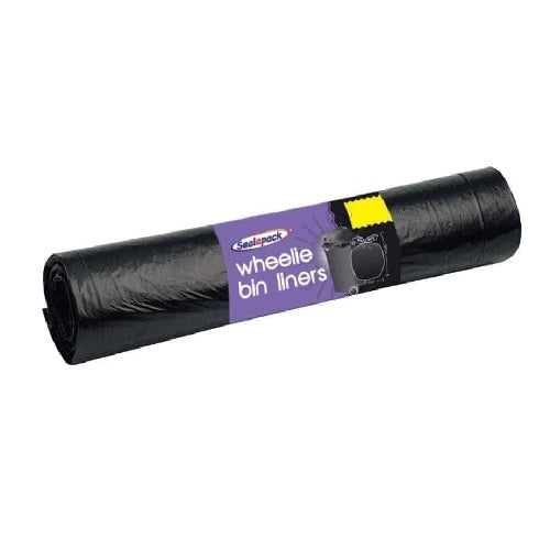 A roll of black plastic waste bag liners with a label that reads 'WHEELIE BIN LINERS' and an image of a bin.