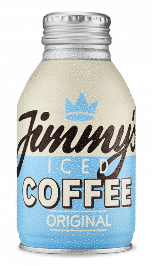 A bottle of Jimmy's Original Iced Coffee, showing the brand logo and 'Original' text on a blue background, with a visible carbonation layer.