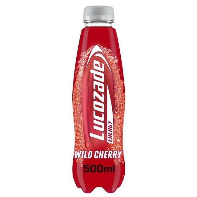 A 500ml bottle of Lucozade Energy Wild Cherry soft drink, featuring a red bottle with a silver cap and white branding on a plain white background.