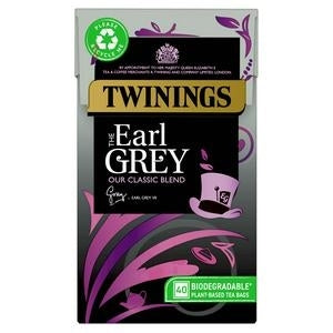 Packaging of Twinings Earl Grey tea bags with a graphic of a teacup and purple flowers, indicating a classic blend and the presence of biodegradable packaging.