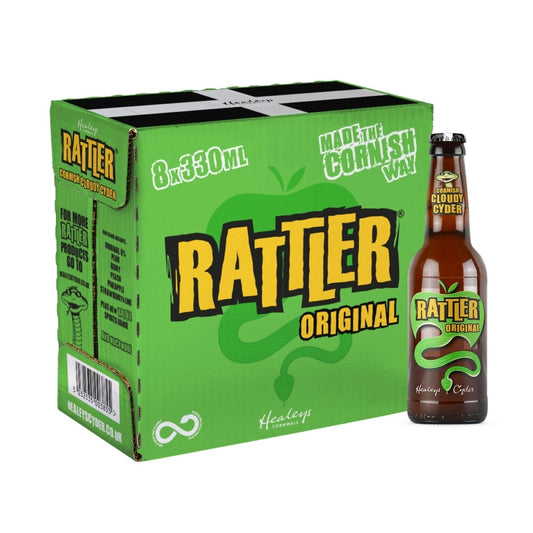Packaging for HEALEYS RATTLER Original cider, featuring a case of 8 x 330ml bottles with branding and a single bottle visible.