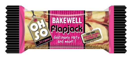 Packaging for Bakewell flapjacks. The pack is predominantly pink and black, with the product name 'Oh So Scrummy Flapjack' displayed prominently.