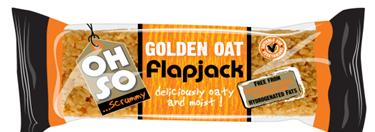 Packaging for 'Oh So Scrummy' Golden Oat Flapjack, showing the product name, description, and the packet contents of 110g x 30 flapjacks.