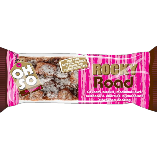 A packaged rocky road bar with visible chocolate pieces, marshmallows, and nuts.