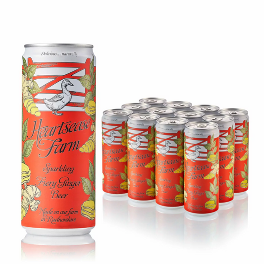 A pack of twelve cans of Heartsease Farm Traditional Ginger Beer, each can has a red background with an illustration of a bird, ginger, and the text 'SPARKLING FINE DRAUGHT BEER'.