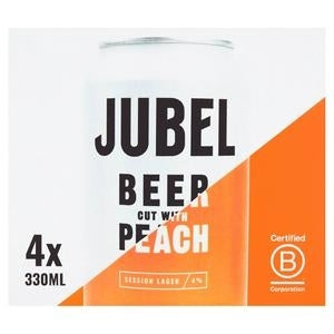 A can of JUBEL BEER CUT WITH PEACH, indicating 4x 330ml cans, with a ' Certified ' logo and a peach graphic.