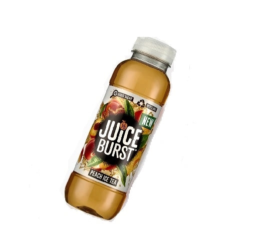 A bottle of Juice Burst peach iced tea.