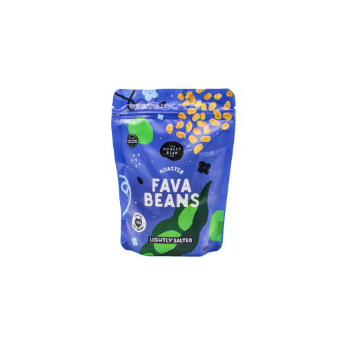 A package of HONEST FAVA BEAN SNACK LIGHTLY SALTED 120g x 6, featuring a blue color scheme with images of fava beans and decorative elements.