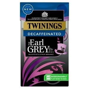 Packaging of Twinings Decaffeinated Earl Grey tea bags, with a graphic of a cup and tea leaves, and text detailing the product type and flavor.