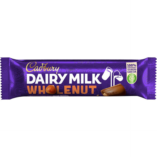 Packaging of Cadbury Dairy Milk Whole Nut chocolate bar showing the product name and a picture of the chocolate bar.