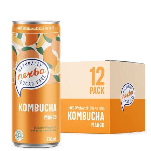 A pack of 12 Nexba Mango Kombucha cans, with a single can visible in front of the pack. The can has a predominantly orange color scheme with mango illustrations and text detailing the product name and volume.