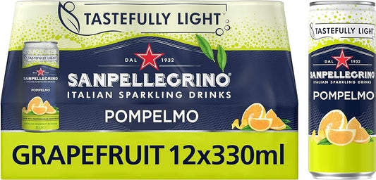 A pack of San Pellegrino Italian sparkling drinks in grapefruit flavor, containing 12 cans of 330ml each.