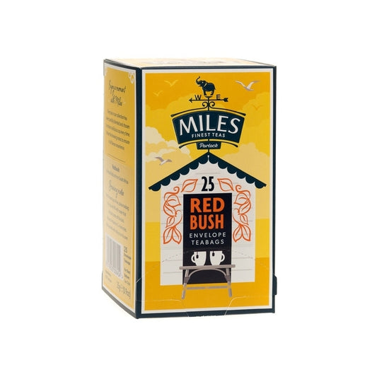 A box of Miles Redbush Tea with 25 tea bags, featuring branding and a graphic of a red bus in a garden.