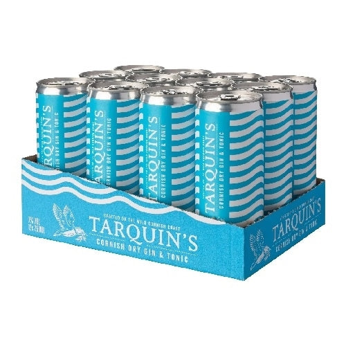 A pack of Tarquins Gin & Tonic cans in a cardboard carrier with blue and white stripes and branding details.