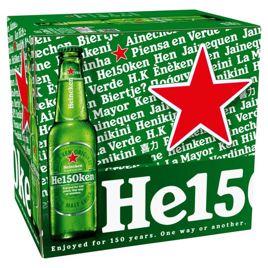 A pack of Heineken beer bottles with the brand's iconic green color and red star design.