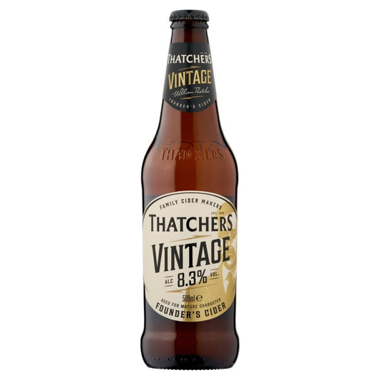 A bottle of Thatchers Vintage 8.3% alcohol by volume cider.