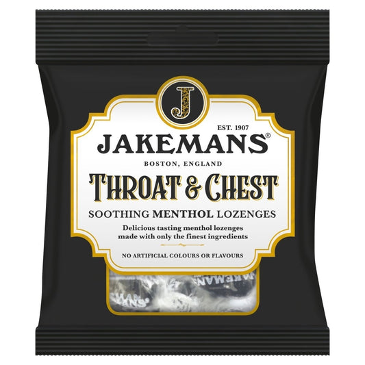 A package of Jakemans Original Cough Lozenges in a black bag with gold and white text, indicating the brand and product details.