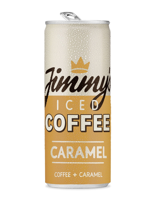 A can of Jimmy's Iced Coffee Caramel with the text 'Coffee + Caramel' indicated below the brand name.
