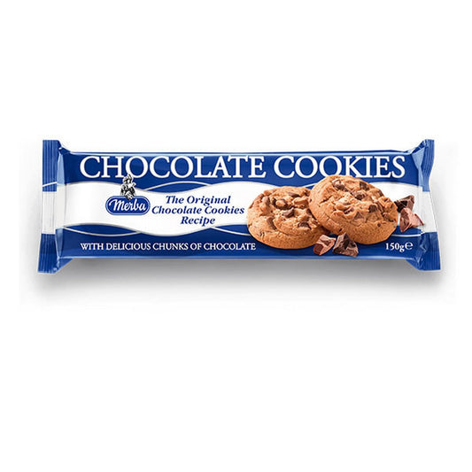 Packaging of Midas Chocolate Cookies showing the product name, a picture of the cookies with chocolate chunks, and the weight of 150g.