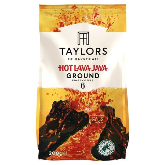 A bag of Taylors Hot Lava Java ground coffee, 200g size, with a graphic of a lava flow on the front.
